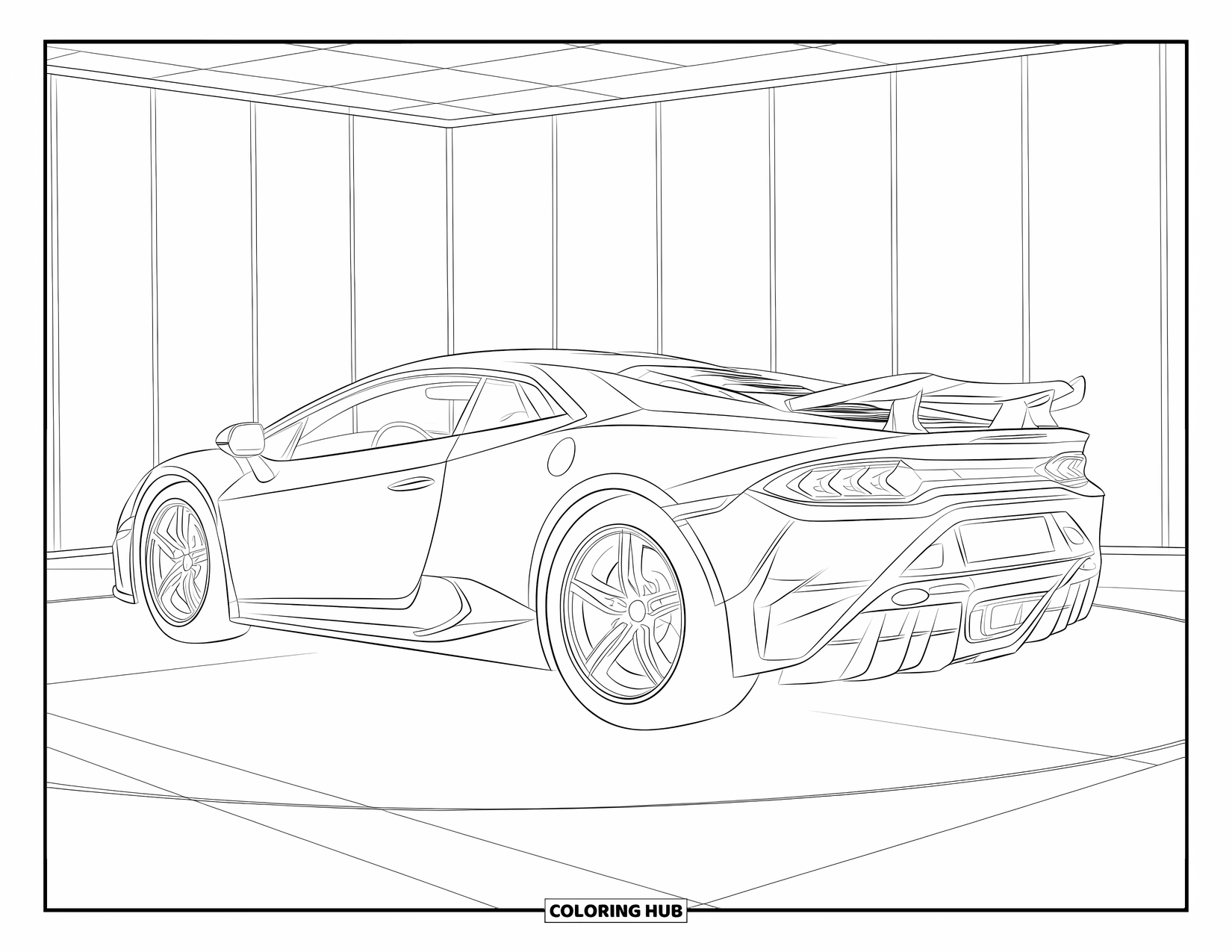 Sports Car Coloring Page for Adults: A sleek sports car is displayed on a glossy auto show floor