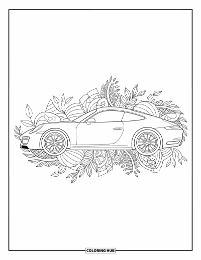 Dibujo de autos deportivos para colorear para adultos: Un elegante auto deportivo está enmarcado por flores arremolinadas, enredaderas y un borde decorativo