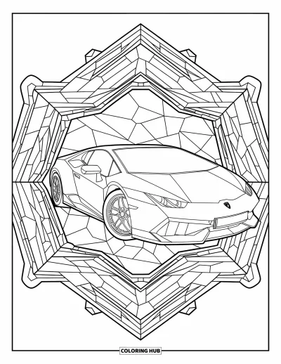 Dibujo de autos deportivos para colorear para adultos: Un elegante auto deportivo brilla dentro de un marco de inspiración en vitral