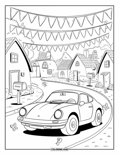 Dibujo de autos deportivos para colorear para adultos: Un auto sonriente pasa frente a árboles, casas y mariposas revoloteando en una calle decorada