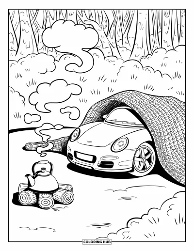 Dibujo de autos deportivos para colorear para adultos: Un auto acogedor descansa junto a una fogata con una tetera y vapor con forma de nubes
