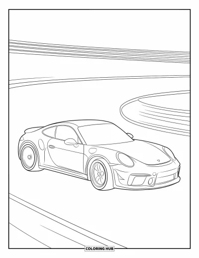Dibujo de autos deportivos para colorear para adultos: Un auto deportivo derrapa a mitad de curva en una pista con detalles de neumáticos