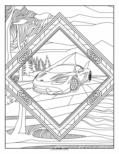 Dibujo de autos deportivos para colorear para adultos: Un auto deportivo descansa dentro de un marco de vitral con montañas y agua de fondo