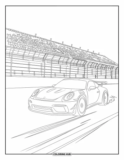 Dibujo de autos deportivos para colorear para adultos: Un auto deportivo frena en un circuito mientras el público anima desde la tribuna