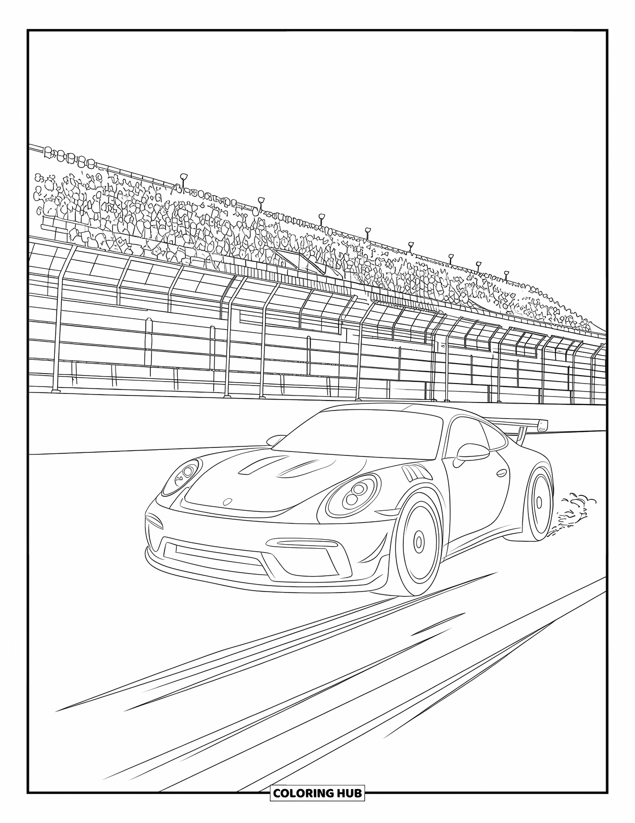 Sports Car Coloring Page for Adults: A sports car skids on a racetrack as crowds cheer from the grandstand