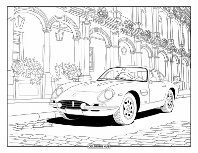 Dibujo de autos deportivos para colorear para adultos: Un auto deportivo y un edificio detallado están junto a macetas y caminos de piedra curvos