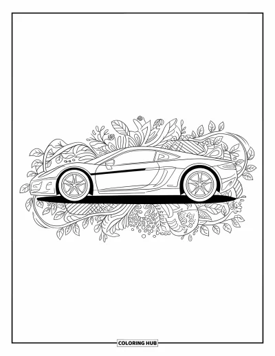 Dibujo de autos deportivos para colorear para adultos: Un auto deportivo con ruedas grandes está envuelto en hojas ondulantes y enredaderas florales