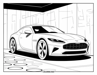 Dibujo de autos deportivos para colorear para adultos: Un elegante auto deportivo con parrilla llamativa descansa bajo luces resplandecientes