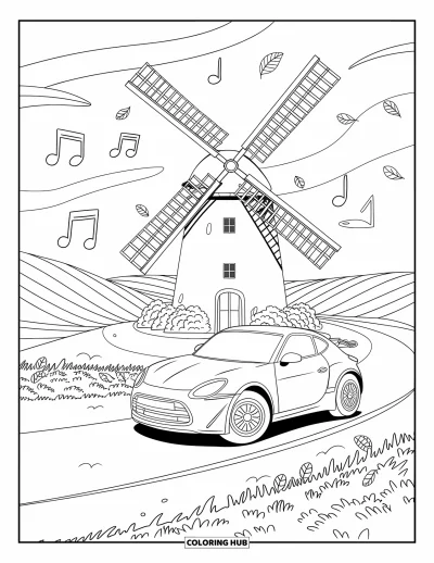 Dibujo de autos deportivos para colorear para adultos: Un autito pasa junto a un molino de viento con hojas flotantes y notas musicales