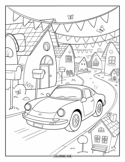Dibujo de autos deportivos para colorear para adultos: Un autito pasa junto a banderines, mariposas y encantadores detalles de pueblo como árboles y un banco