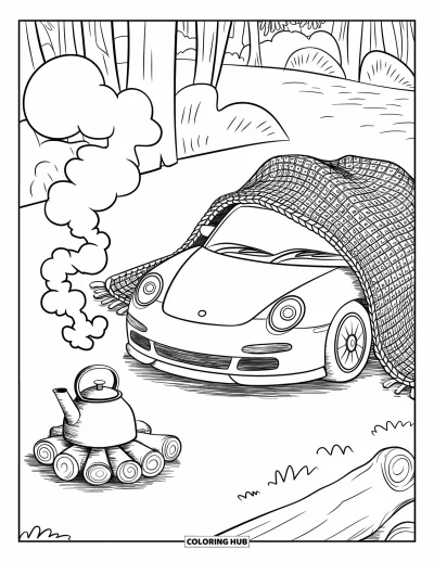 Dibujo de autos deportivos para colorear para adultos: Un autito duerme bajo una manta junto a una fogata cálida y nubes de vapor arremolinadas