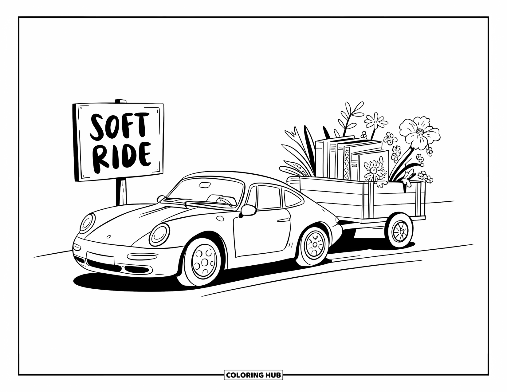 Sports Car Coloring Page for Adults: A tiny sports car pulls a wooden cart filled with books, flowers, and a plant
