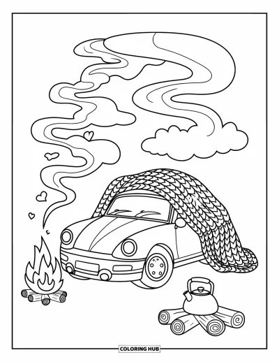 Dibujo de autos deportivos para colorear para adultos: Un cálido auto se acurruca cerca de una fogata y una tetera en un bosque tranquilo