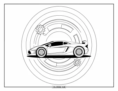 Dibujo de autos deportivos para colorear para adultos: Un auto aerodinámico descansa en círculos en capas llenos de engranajes y ruedas dentadas