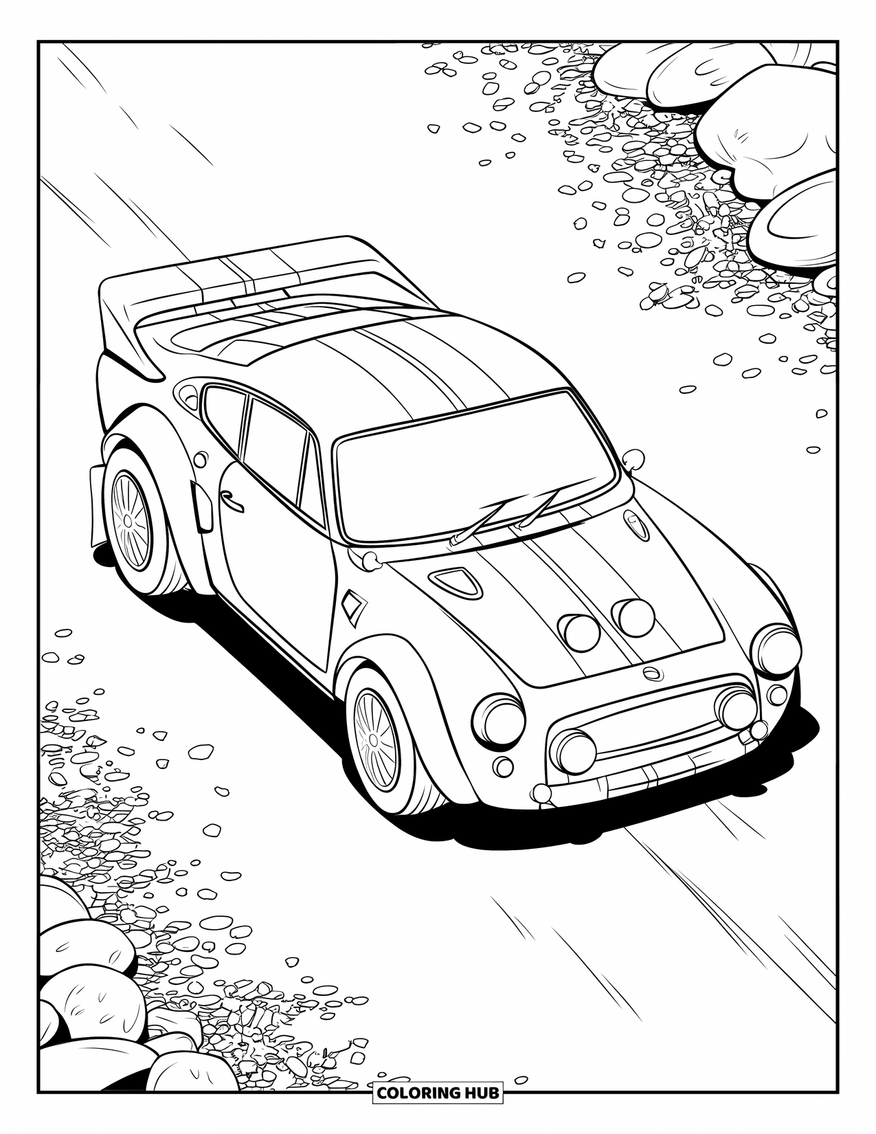 Sports Car Coloring Page for Kids: A bold rally car with stripes speeds down a gravel road lined with trees