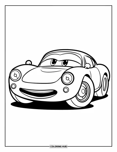 Dibujo de autos deportivos para colorear para niños: Un auto deportivo redondeado con grandes faros transmite un ambiente alegre y juguetón