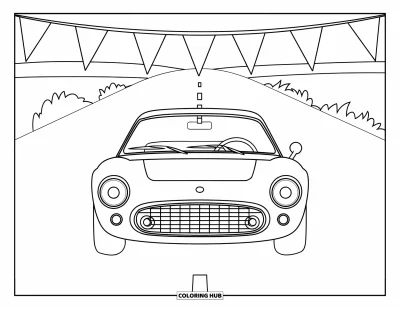 Dibujo de autos deportivos para colorear para niños: Un auto avanza cerca de banderines triangulares a lo largo de una carretera bordeada de campos abiertos