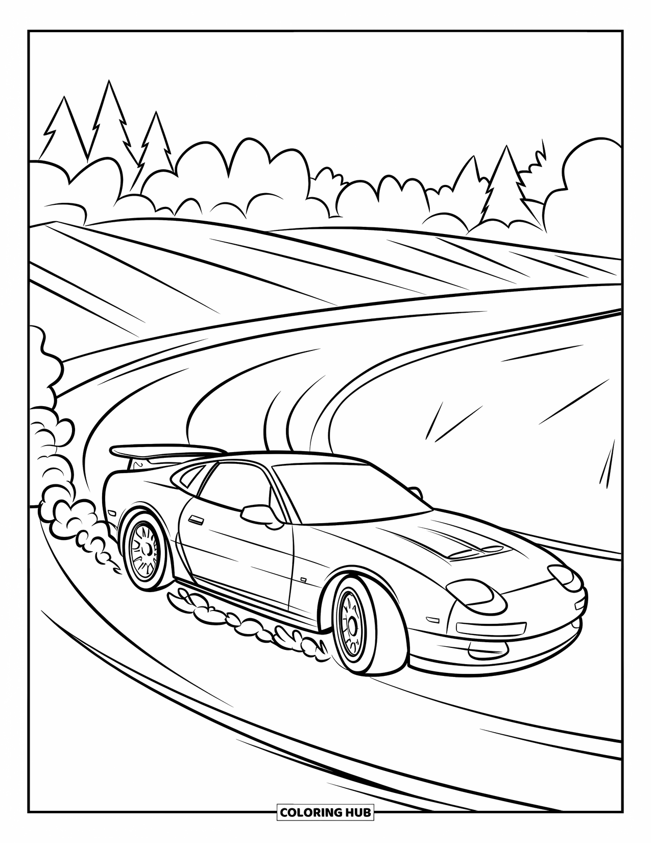 Sports Car Coloring Page for Kids: A car with a bold look drifts past trees and hills with smoke swirling