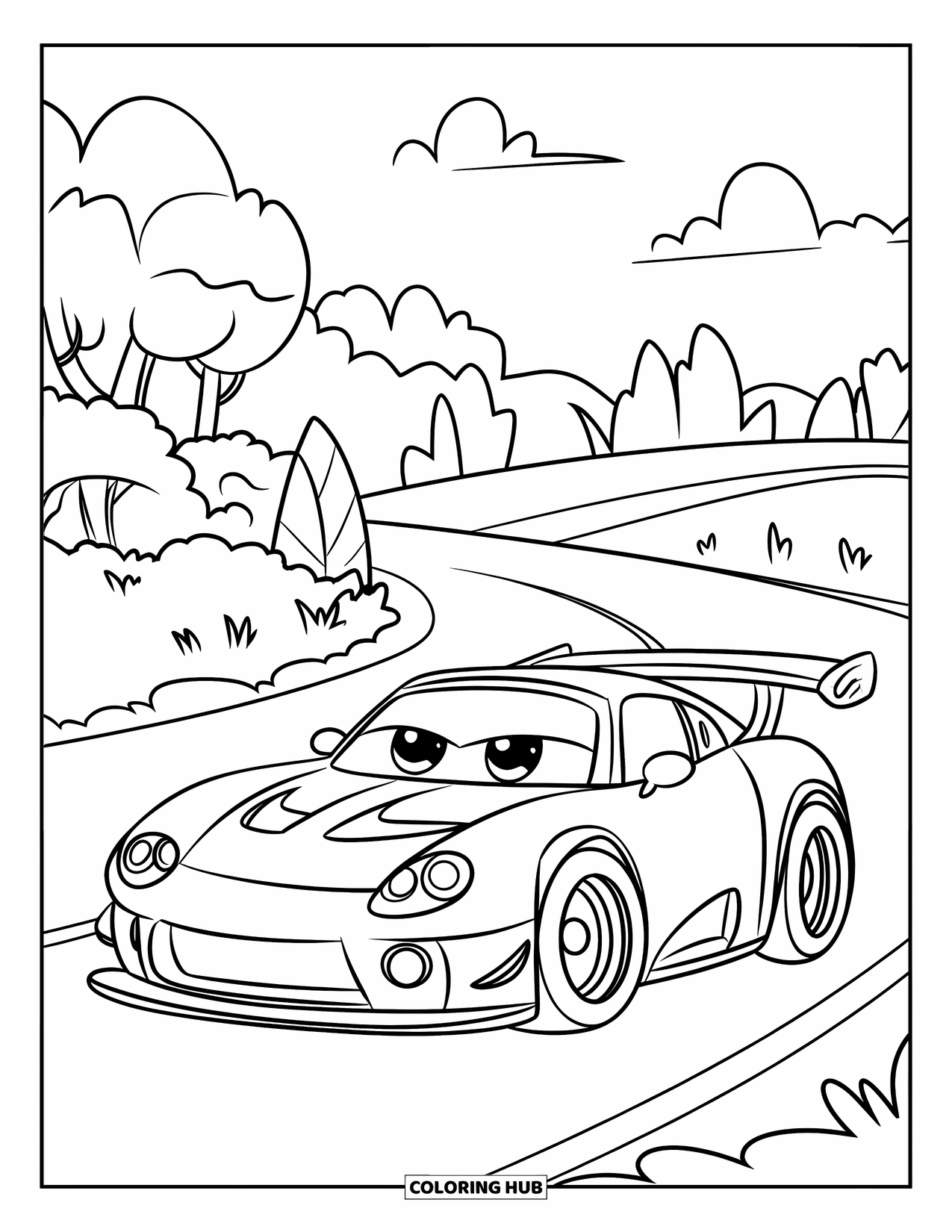 Sports Car Coloring Page for Kids: A cheerful car with oversized wheels rolls along a winding road and cloudy sky