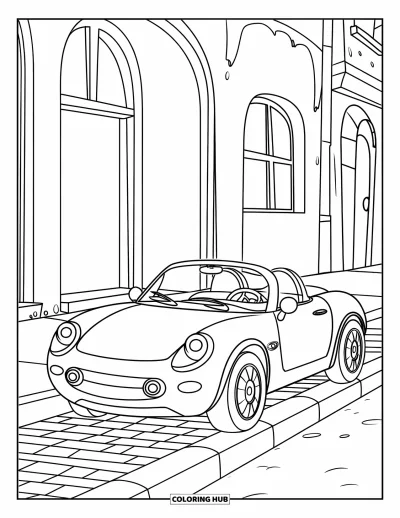 Dibujo de autos deportivos para colorear para niños: Un adorable descapotable descansa sobre adoquines con edificios de arcos al fondo