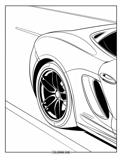 Dibujo de autos deportivos para colorear para niños: Primer plano de la rueda y el panel lateral de un auto en una carretera con líneas marcadas