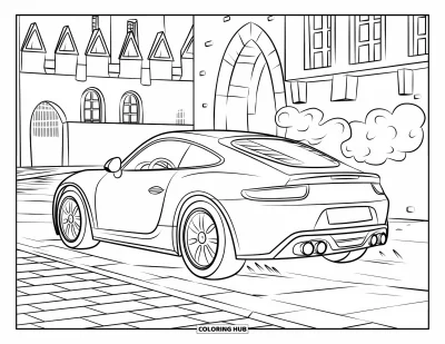 Dibujo de autos deportivos para colorear para niños: Un auto compacto descansa sobre adoquines en una tranquila ciudad medieval con edificios de puntas