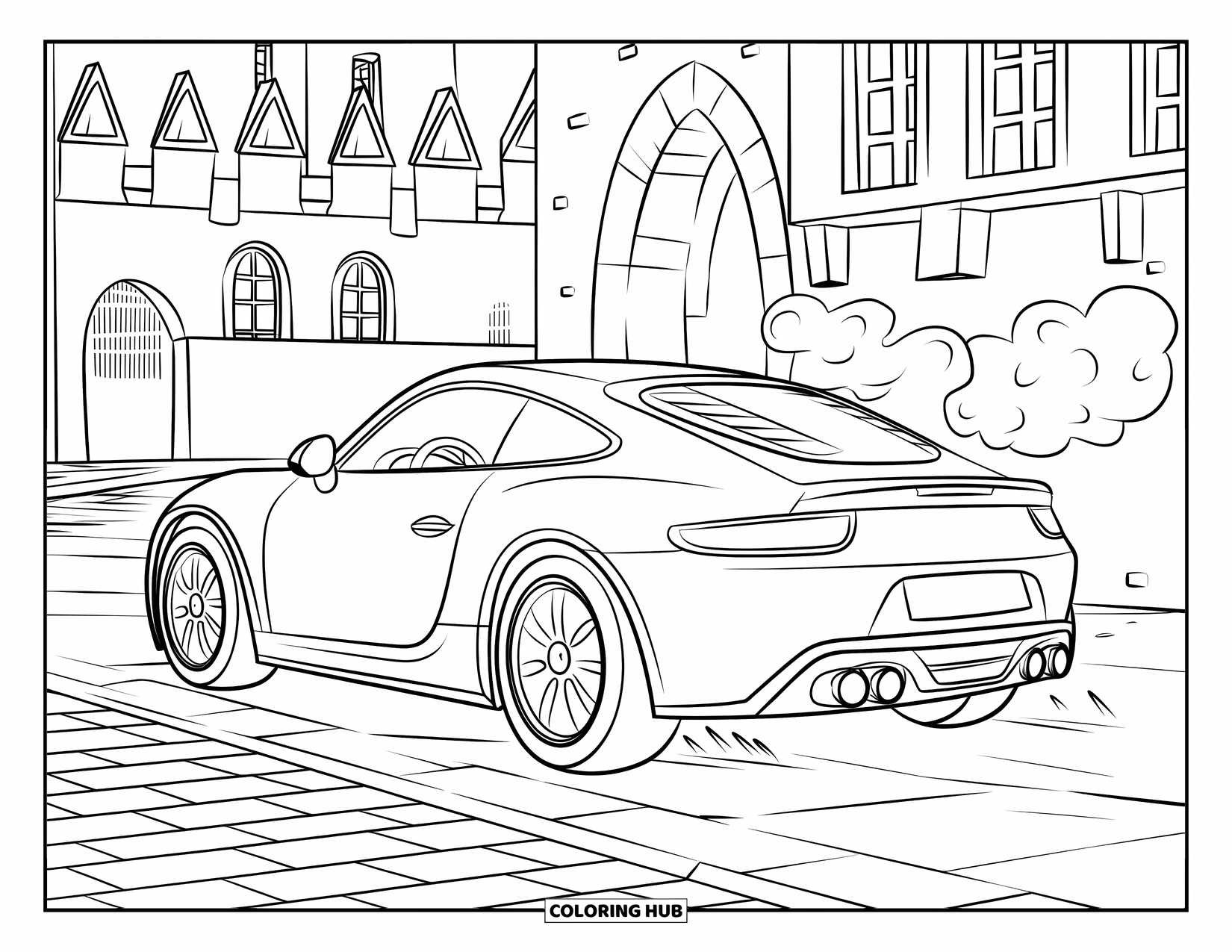 Sports Car Coloring Page for Kids: A compact car rests on cobblestones in a quiet medieval town with pointed buildings