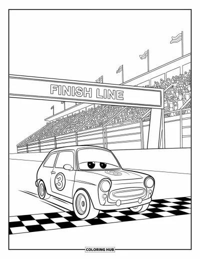 Dibujo de autos deportivos para colorear para niños: Un compacto auto de carreras cruza la línea de meta mientras ondean banderas y los aficionados festejan