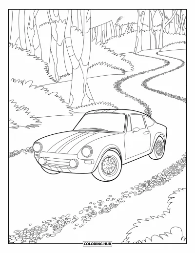 Dibujo de autos deportivos para colorear para niños: Un compacto auto de rally avanza por un bosque en un camino cubierto de piedras