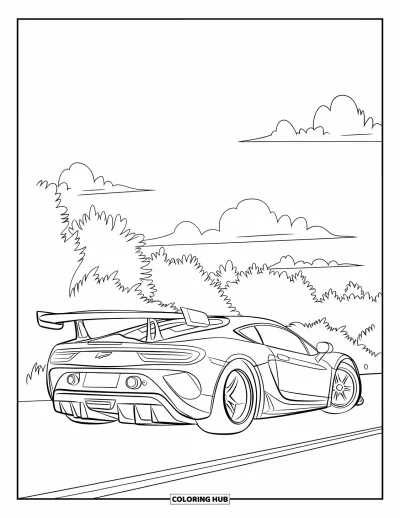 Dibujo de autos deportivos para colorear para niños: Un auto genial con alerón y número descansa junto al bosque bajo un cielo tranquilo