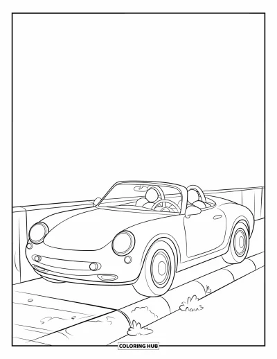 Dibujo de autos deportivos para colorear para niños: Un lindo descapotable está estacionado junto a la acera con grandes ventanas redondas