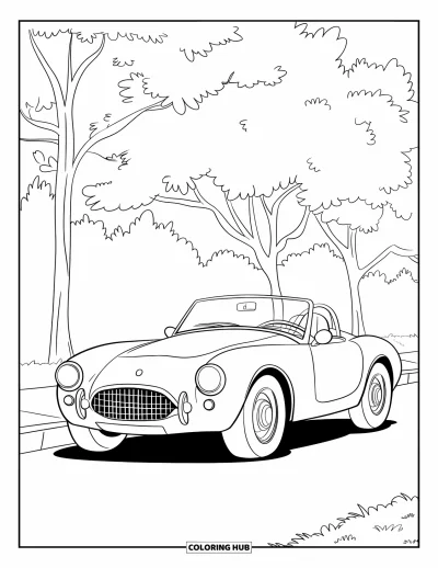 Dibujo de autos deportivos para colorear para niños: Un adorable descapotable con grandes faros está estacionado junto a la acera cerca de árboles y la banqueta