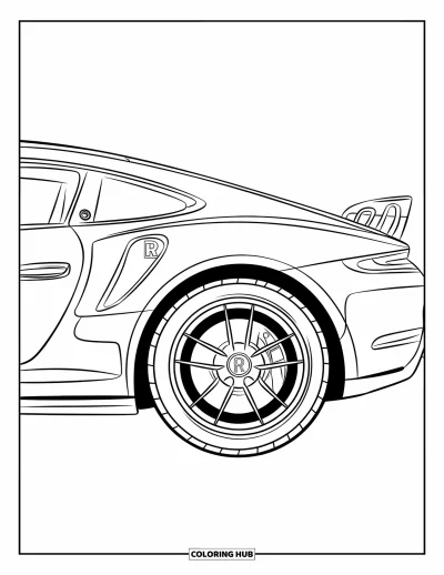Dibujo de autos deportivos para colorear para niños: El lateral detallado de un auto muestra un emblema, una rueda con relieve y líneas brillantes