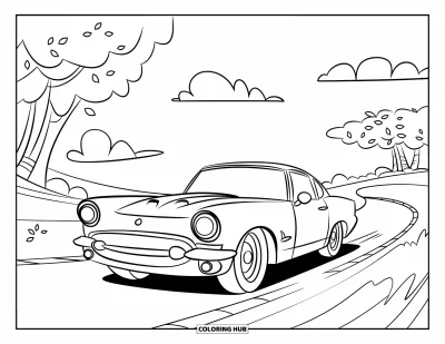 Dibujo de autos deportivos para colorear para niños: Un auto rápido recorre una carretera curva bordeada de árboles bajo un cielo despejado