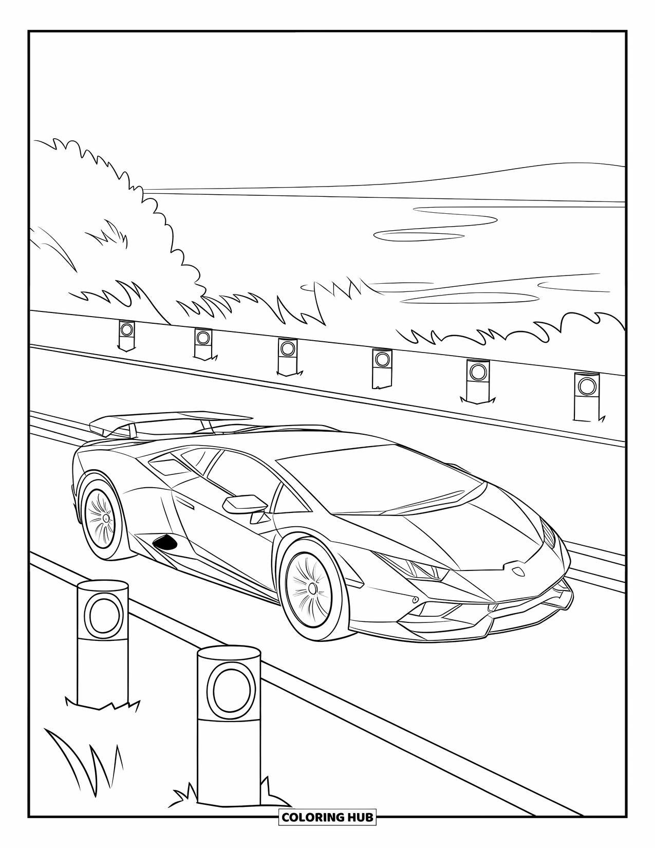 Sports Car Coloring Page for Kids: A fast car zips past road markers in a peaceful landscape with trees and a distant horizon