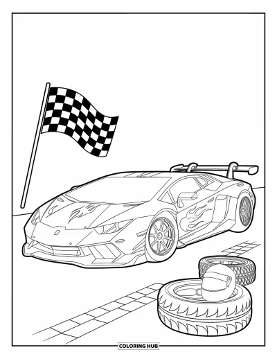 Dibujo de autos deportivos para colorear para niños: Un auto de carreras con llamas decorativas descansa en una pista junto a neumáticos y un casco