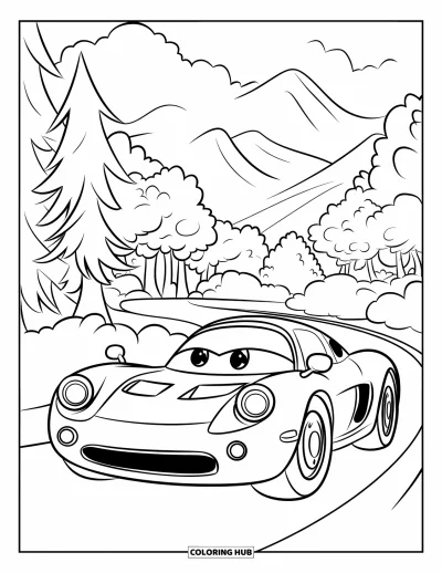 Dibujo de autos deportivos para colorear para niños: Un alegre auto de caricatura descansa en un camino del bosque con montañas y nubes de fondo