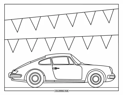 Dibujo de autos deportivos para colorear para niños: Un autito descansa bajo banderines triangulares con un ambiente alegre y juguetón