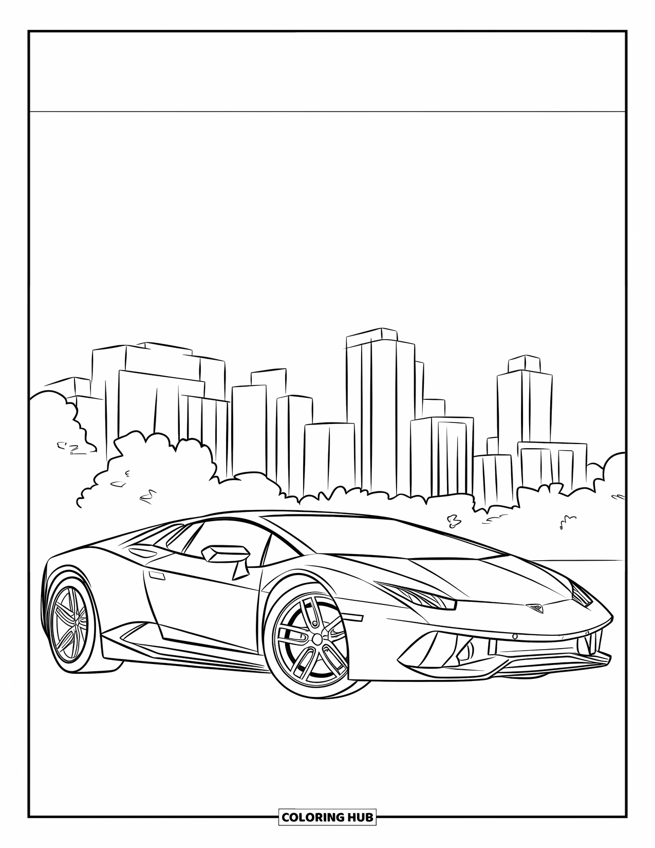 Sports Car Coloring Page for Kids: A low car rests near tall buildings and trees along a quiet road