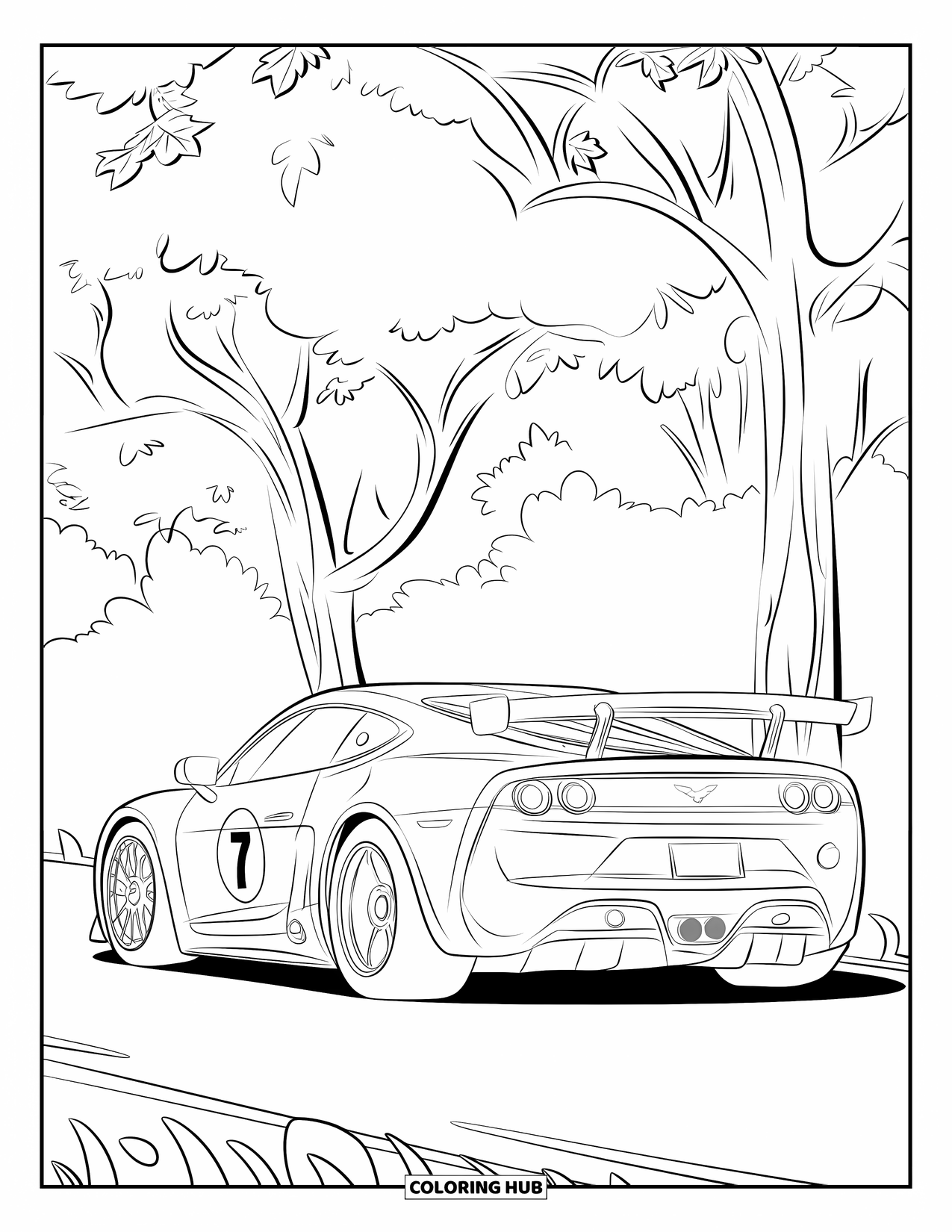 Sports Car Coloring Page for Kids: A low car with large wheels and number 7 is parked beside leafy trees