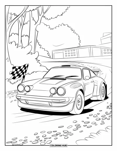 Dibujo de autos deportivos para colorear para niños: Un auto de rally rueda sobre piedras con una bandera a cuadros ondeando detrás