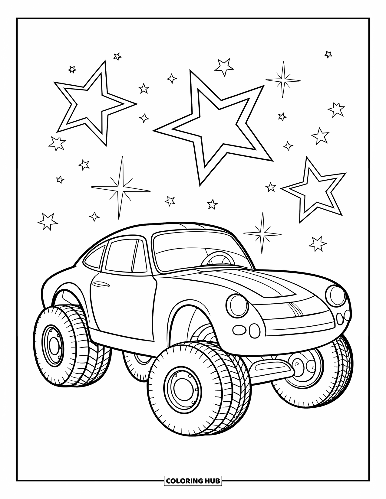 Sports Car Coloring Page for Kids: A round car with chunky tires sits beneath sparkles in a playful, magical scene