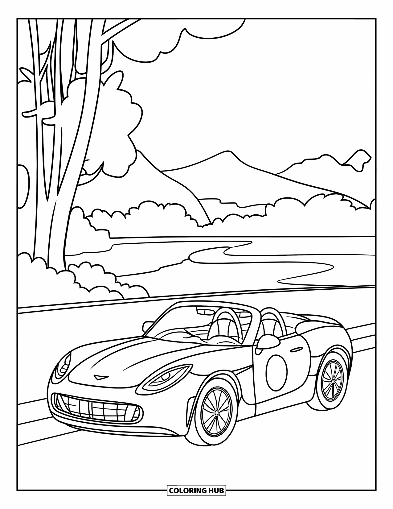 Sports Car Coloring Page for Kids: A round convertible parks near mountains and water with a yellow-painted curb