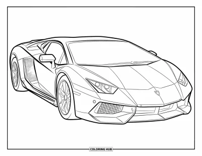 Dibujo de autos deportivos para colorear para niños: Un auto deportivo llamativo destaca con líneas atrevidas y una parrilla frontal imponente