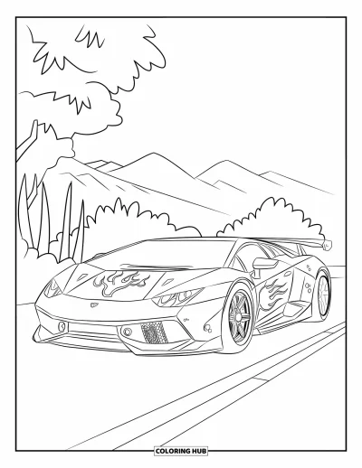 Dibujo de autos deportivos para colorear para niños: Un auto deportivo con llamas descansa en una carretera cerca de montañas y árboles
