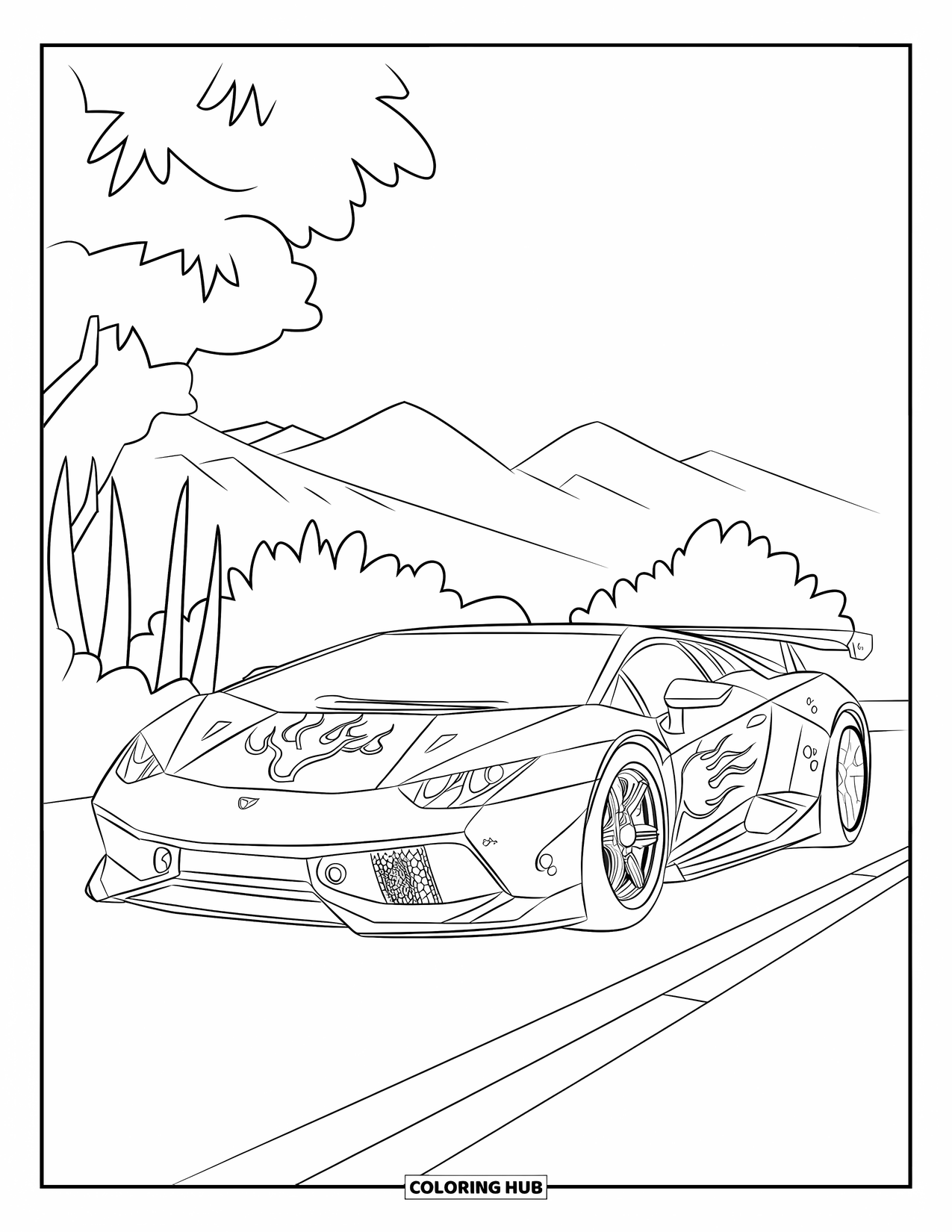 Sports Car Coloring Page for Kids: A sharp sports car with flames rests on a road near mountains and trees