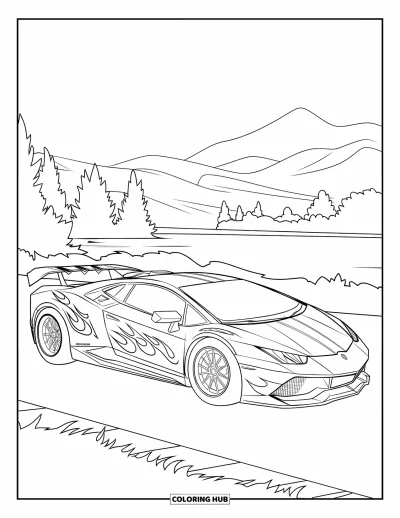 Dibujo de autos deportivos para colorear para niños: Un auto de carreras visto de lado con franjas y alerón descansa cerca de montañas y agua