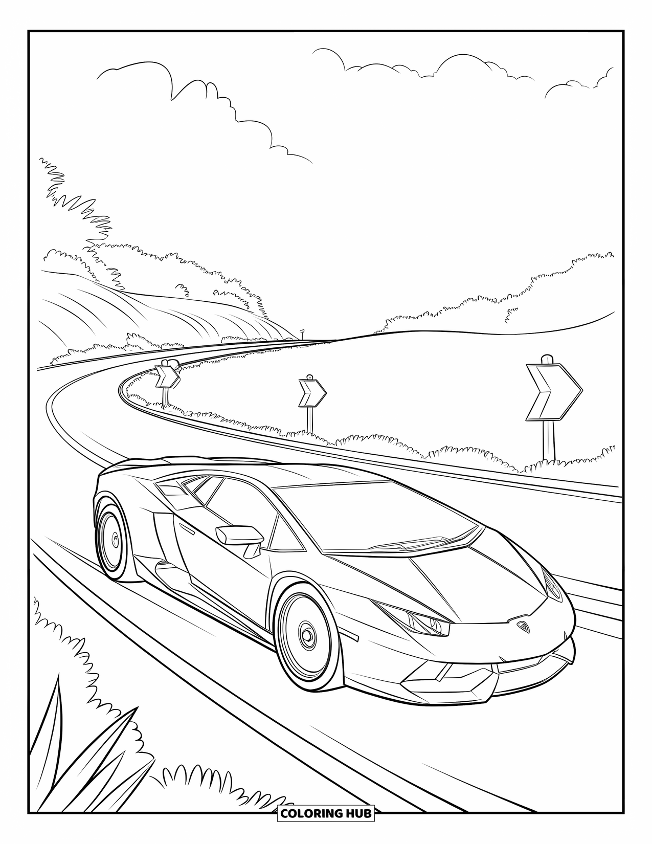 Sports Car Coloring Page for Kids: A sleek car races down a bend with road markers and a clear sky