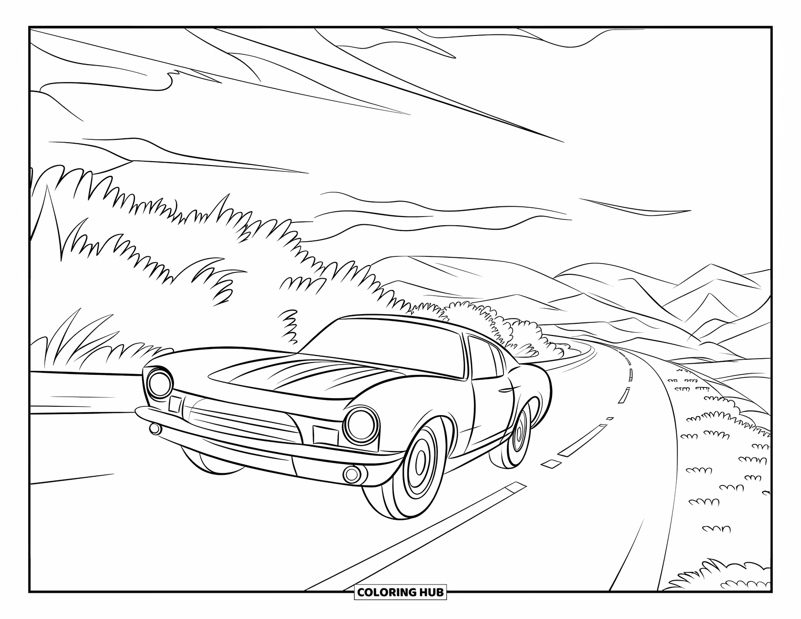 Sports Car Coloring Page for Kids: A sleek car races down a winding road through greenery and mountains