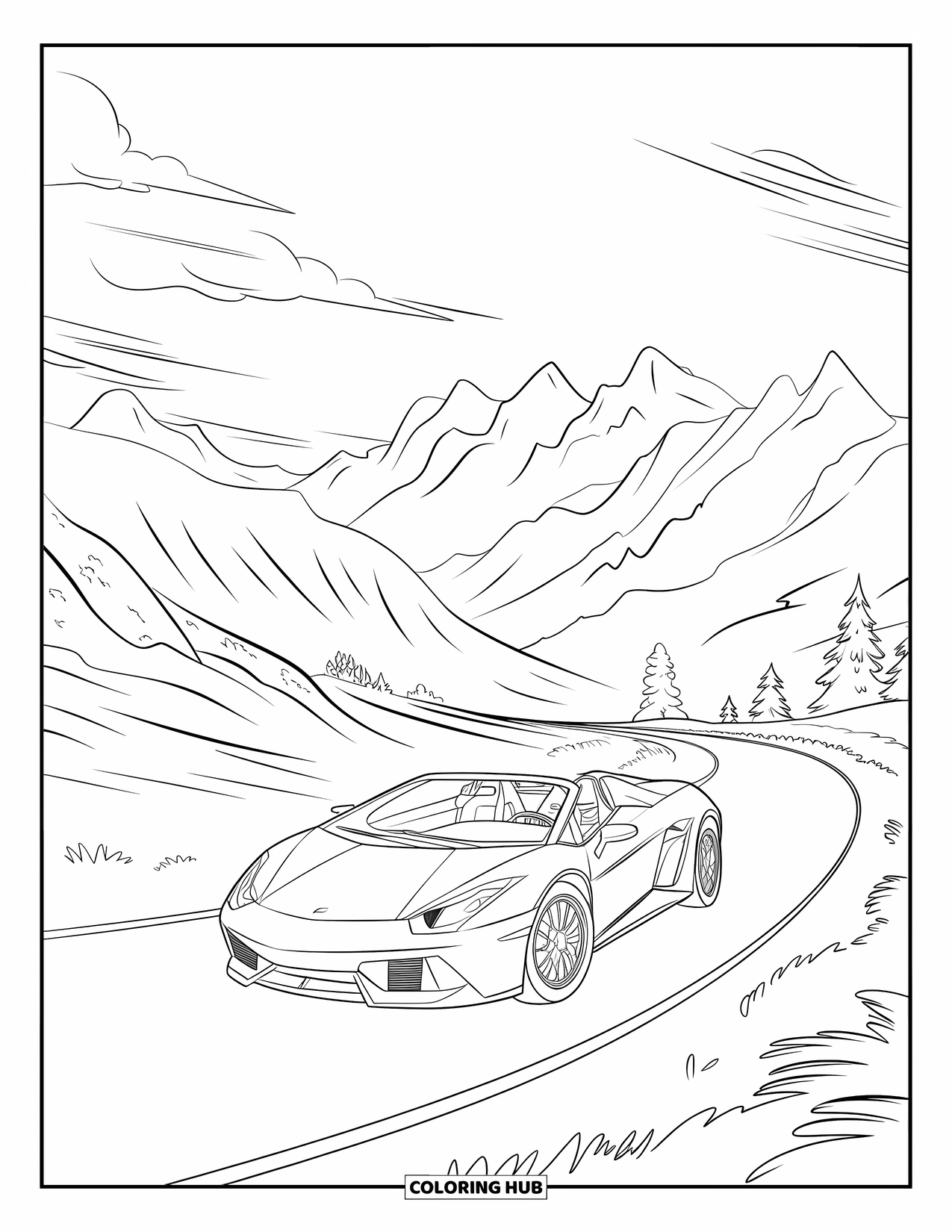 Sports Car Coloring Page for Kids: A sleek car races through jagged peaks with clouds drifting overhead